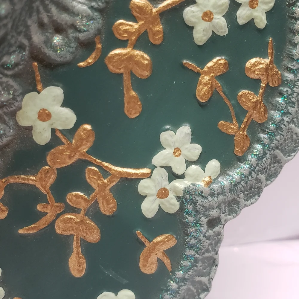 Ceramic Hand Painted Green & Gold Floral Ladies Hat Wall Hanging Artist Signed